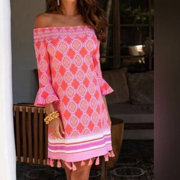 CABANA LIFE Coral Geo Coverluxe Smocked Off Shoulder Mini Dress Tassel Medium - Picture 2 of 9